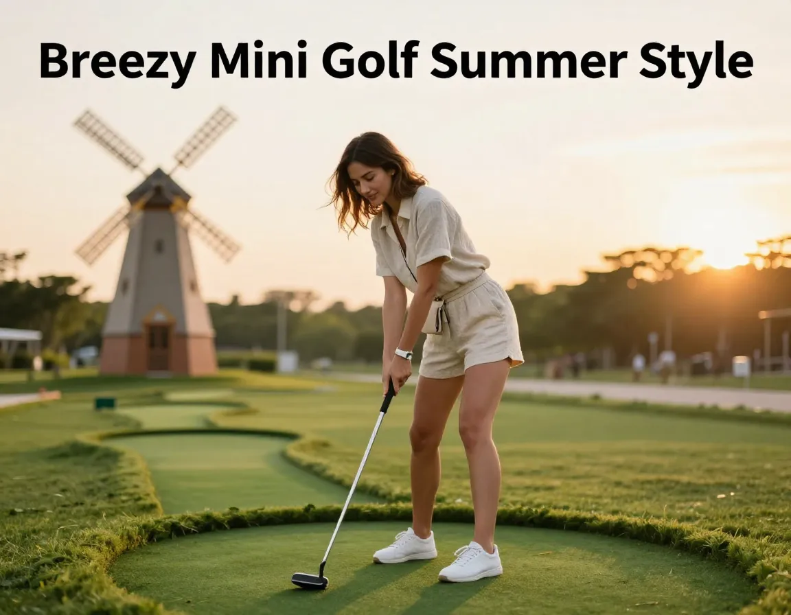 Woman mini golf sunset linen outfit sneakers crossbody swing
