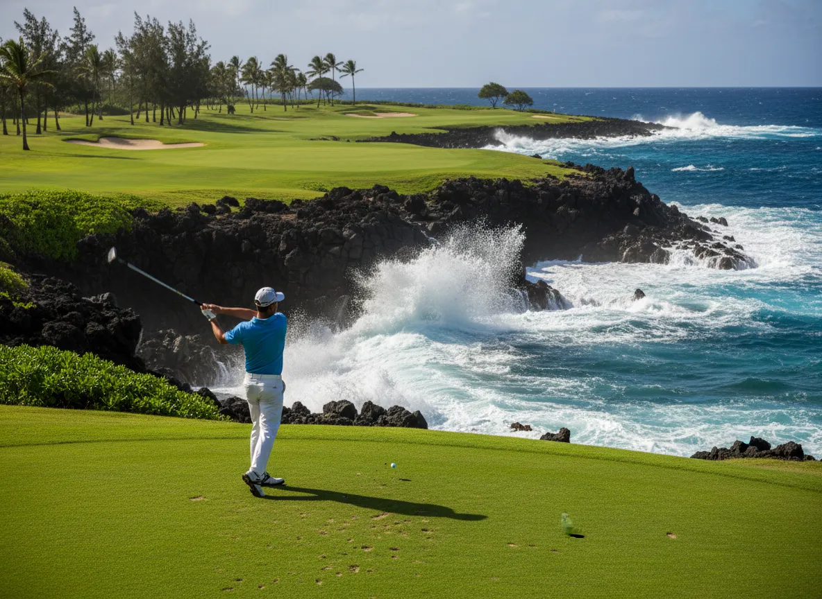 Golfer on dramatic oceanfront fairway at hokuala course back nine