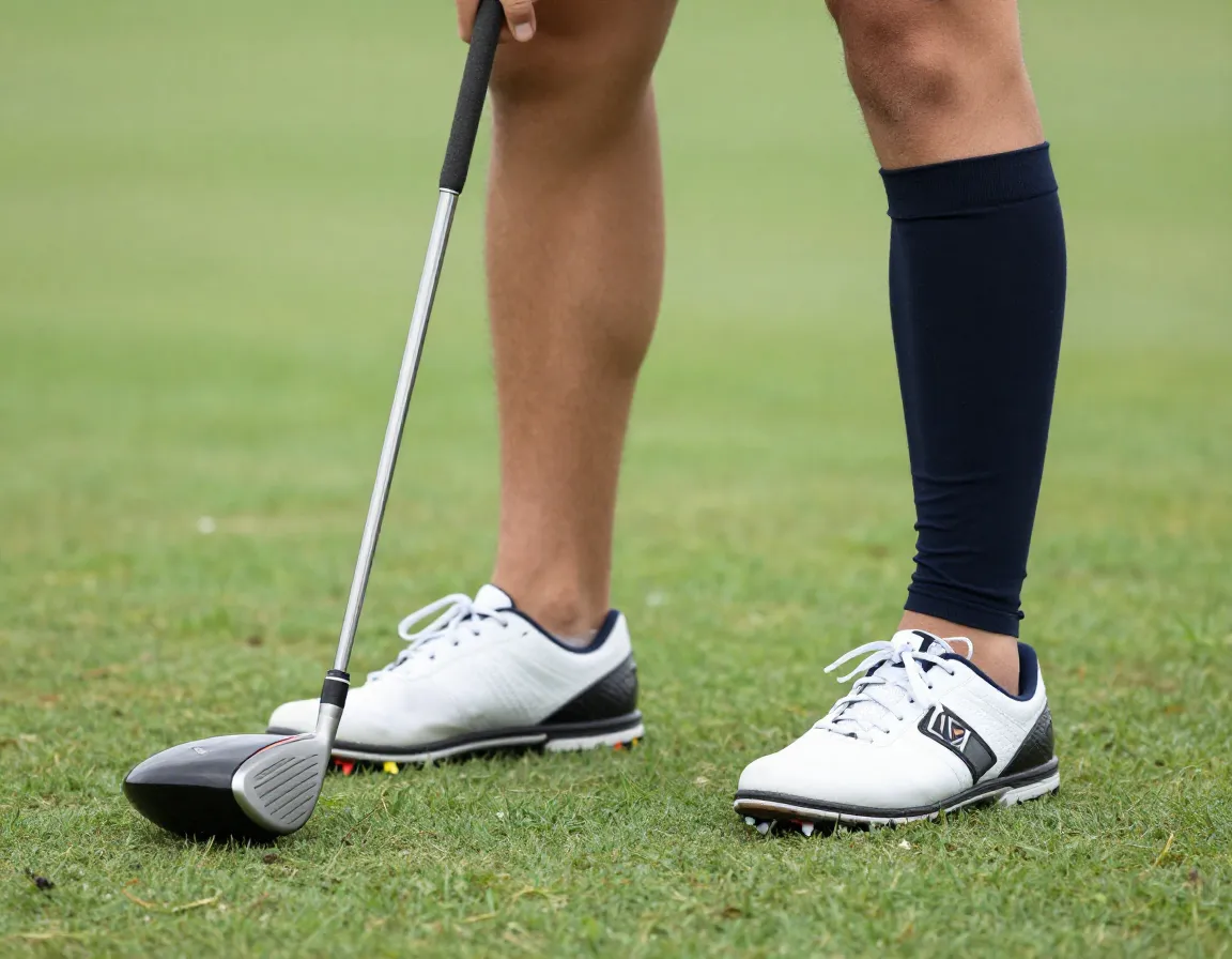 Golfer setting up driver with ball teed inside left heel