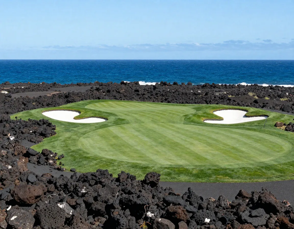Mauna lani south course golf hole with volcanic lava rock and ocean