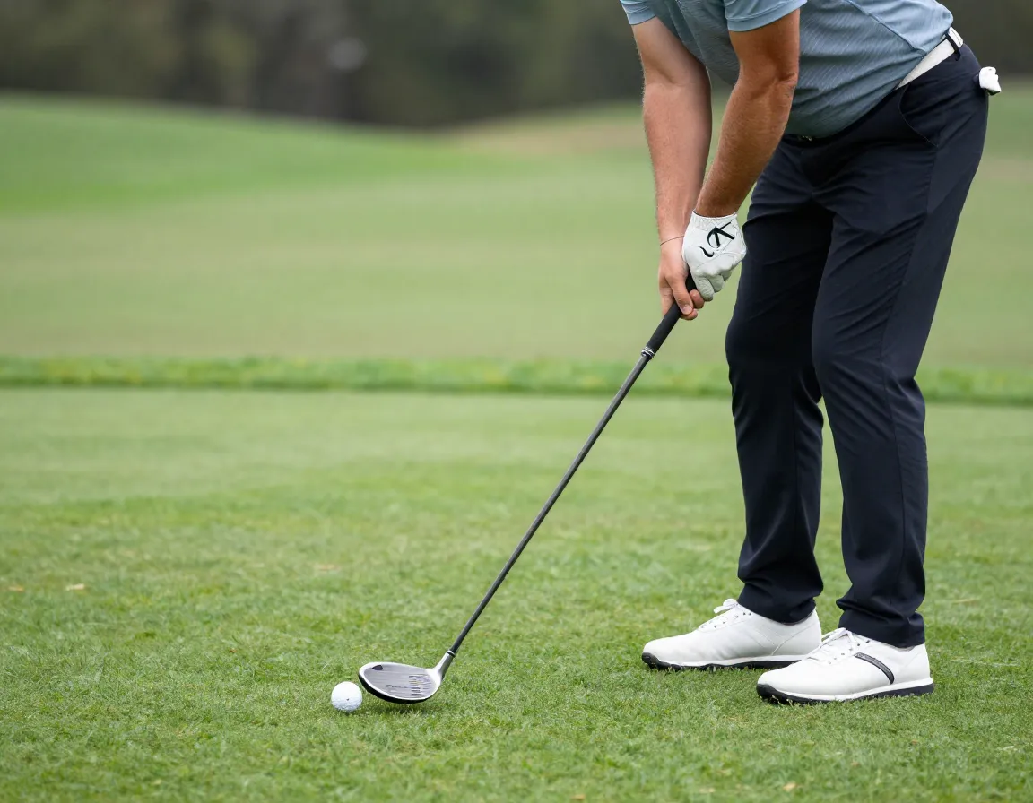Golfer hitting mid iron with ball positioned one inch inside left heel