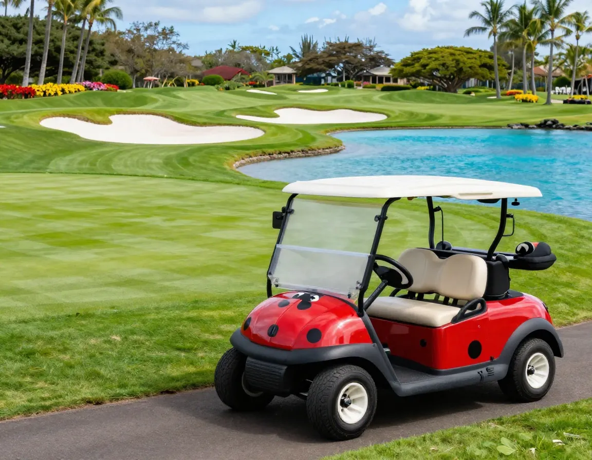 Ko olina golf club fairway with water feature and ladybug golf cart