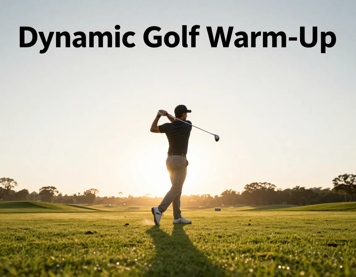 Golfer dynamic swing first tee sunrise golden hour course warmup