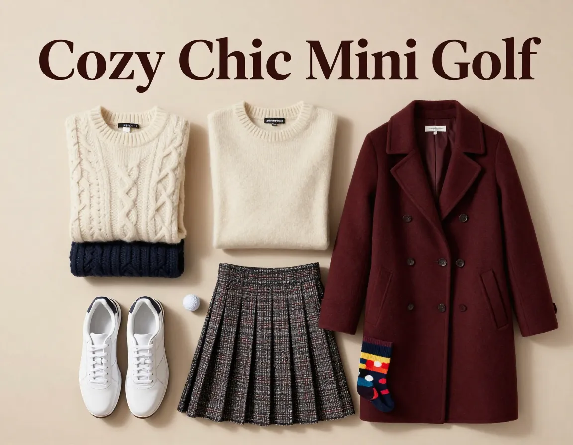 Winter mini golf date fashion flat lay outfit essentials