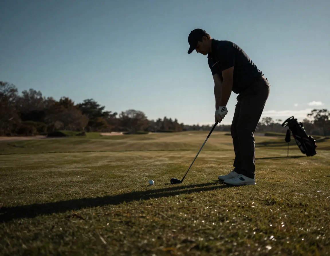 Golfer on uphill slope addressing ball with forward stance