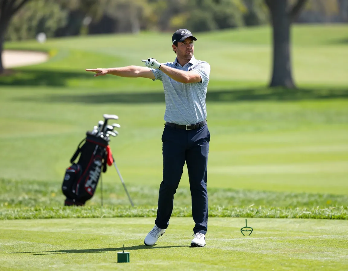 Golfer performing arm circles on golf course tee box