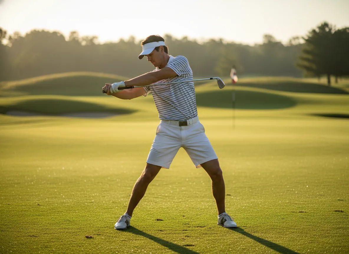 Golfer executing torso twists on sunny golf course fairway