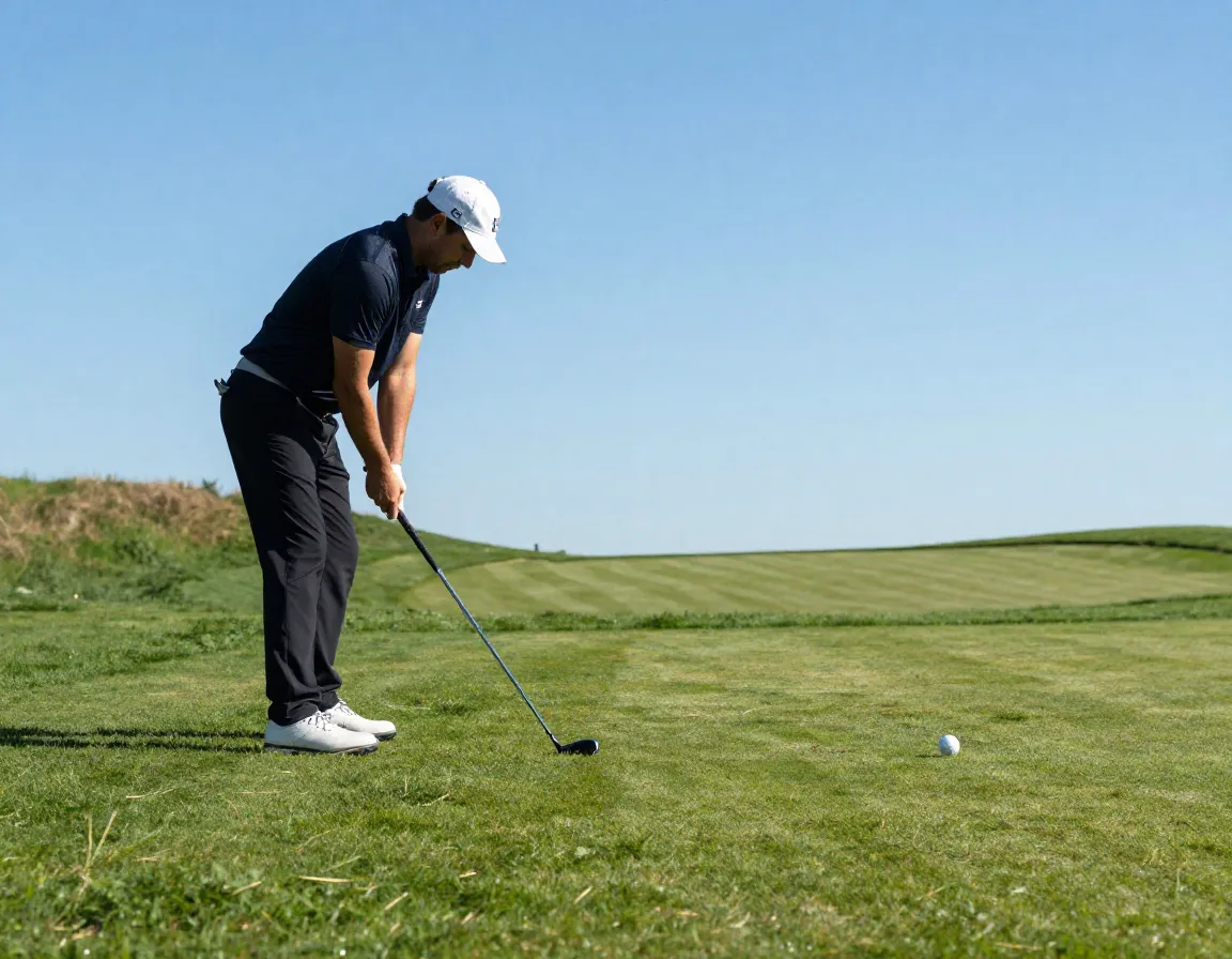 Golfer on downhill lie with ball positioned back in stance