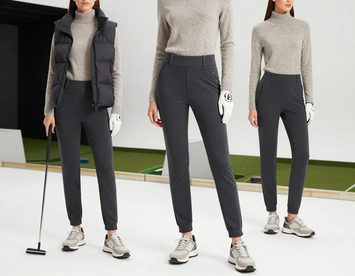 A woman in chic charcoal athletic pants and a mock neck sweater