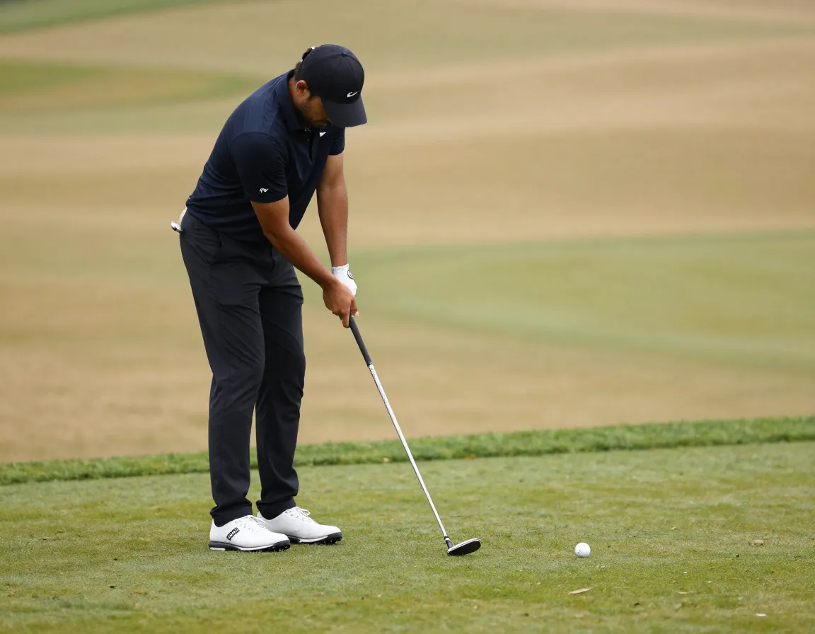 Golfer addressing ball above feet on sidehill with upright posture