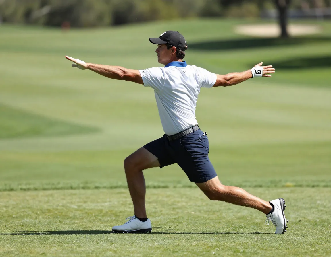 Golfer performing walking lunges with torso rotation on course