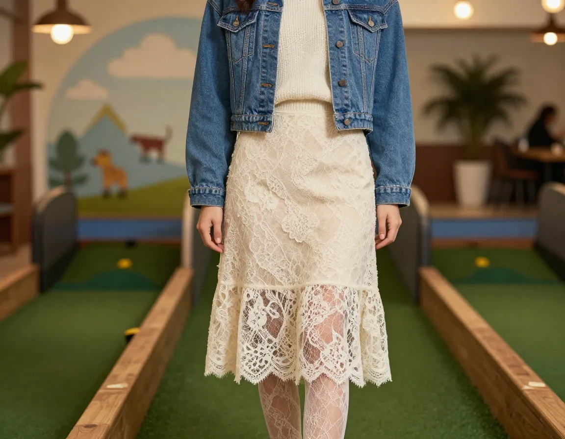 A woman in a lace tights midi skirt layered with a denim jacket