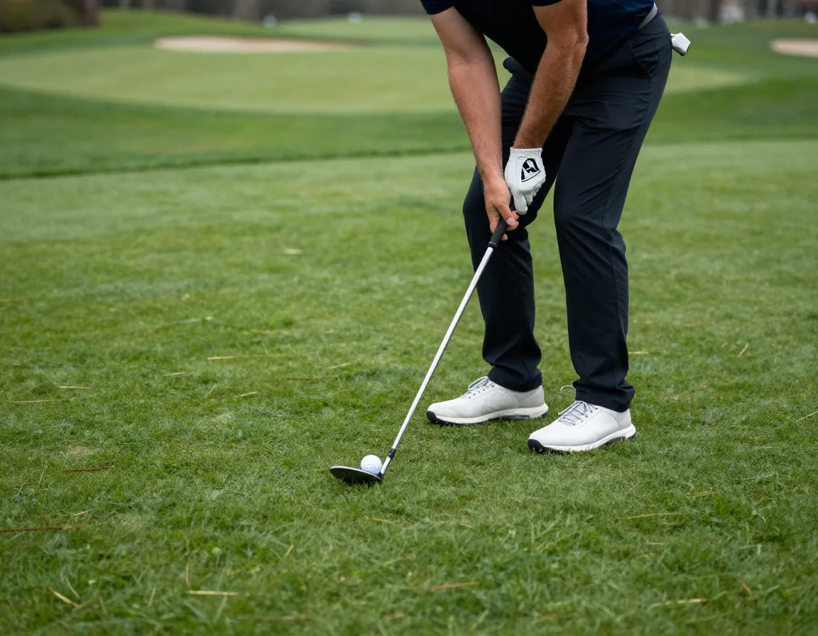 Golfer in deep knee flex addressing ball below feet on slope