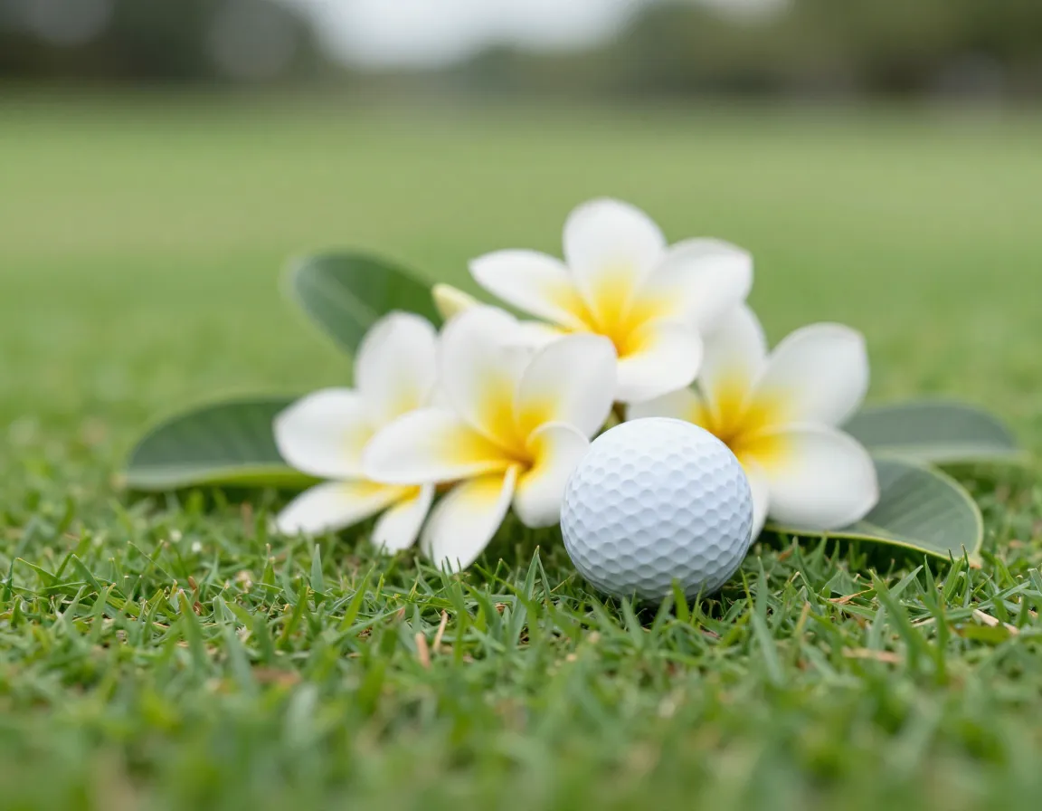 Plumeria flower golf ball on manicured green fairway grass