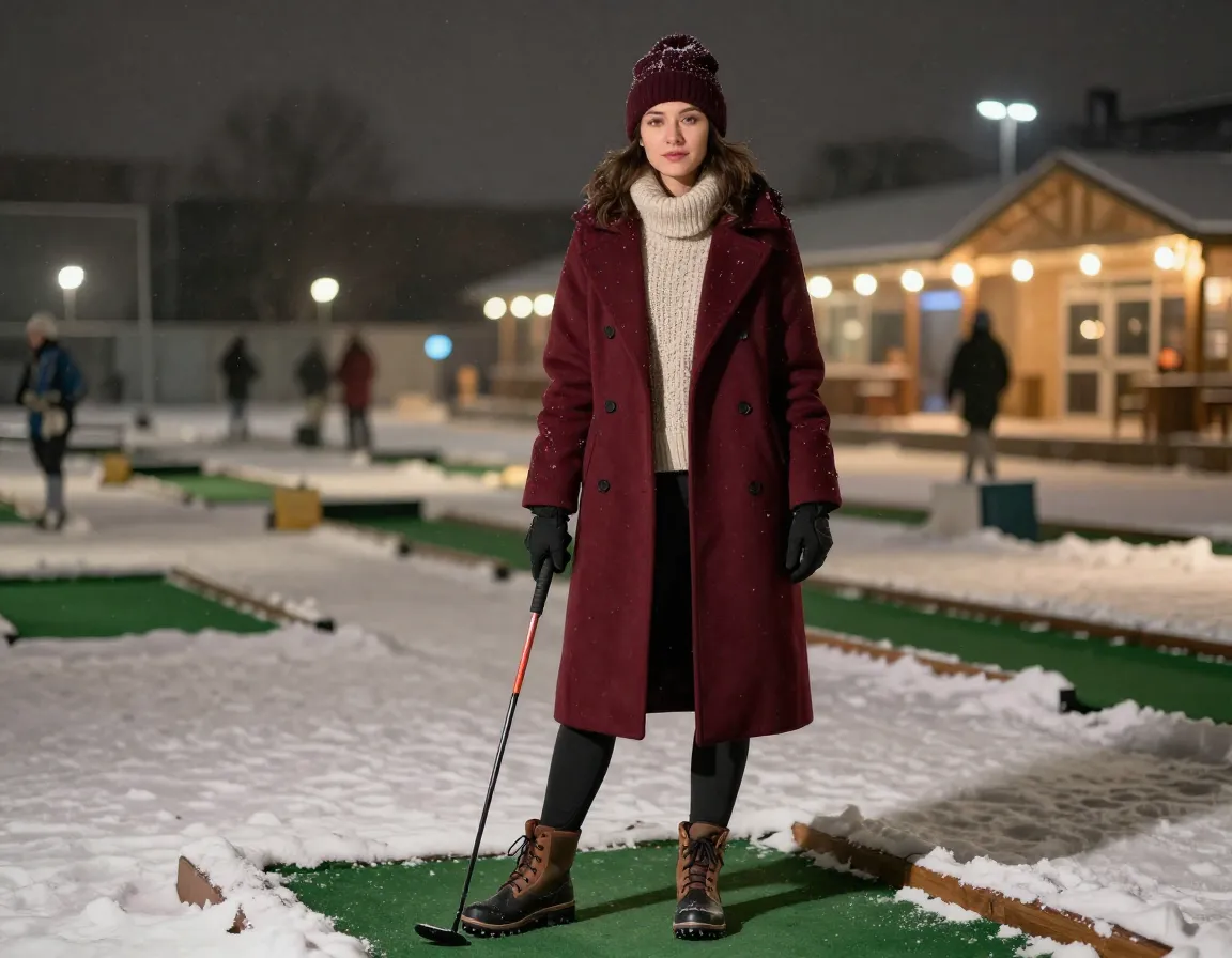 A woman in a long burgundy coat over leggings at an outdoor course