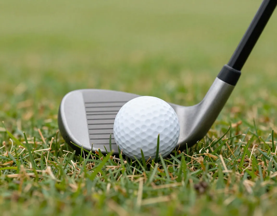 Golf ball in light rough with club making clean contact