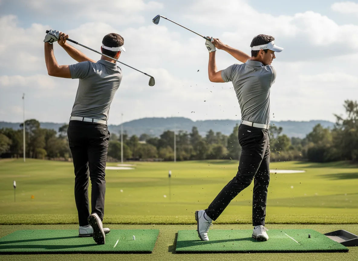 Golfer hinging at hips swinging arms back and forward
