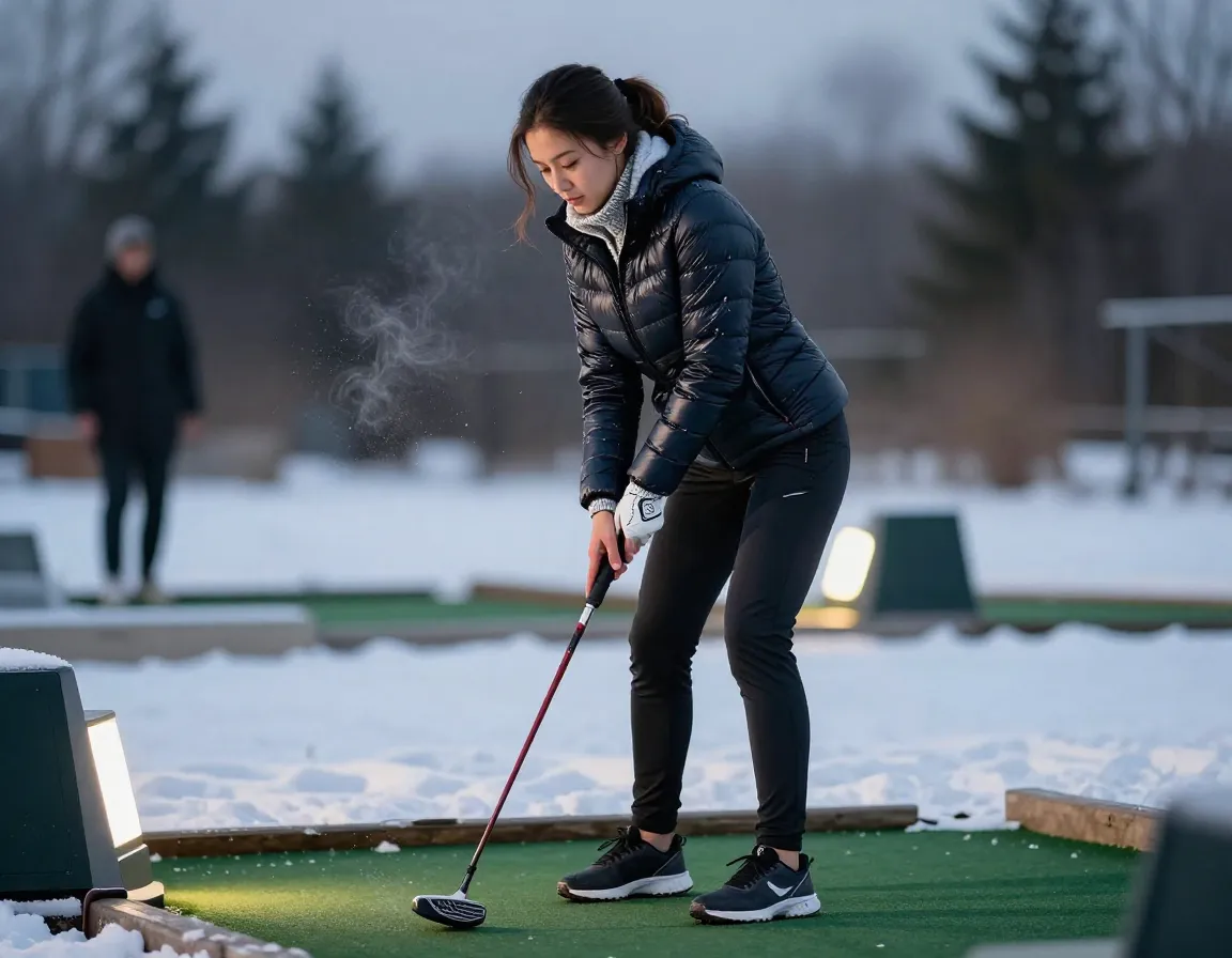 A woman in a sleek puffer jacket and performance layers outdoors