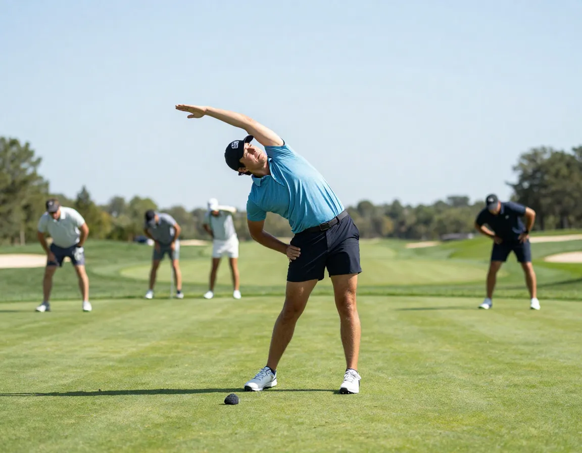 Golfer performing side bends with overhead reach on green