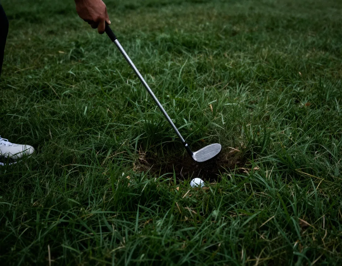 Wedge chopping down into buried lie in thick rough