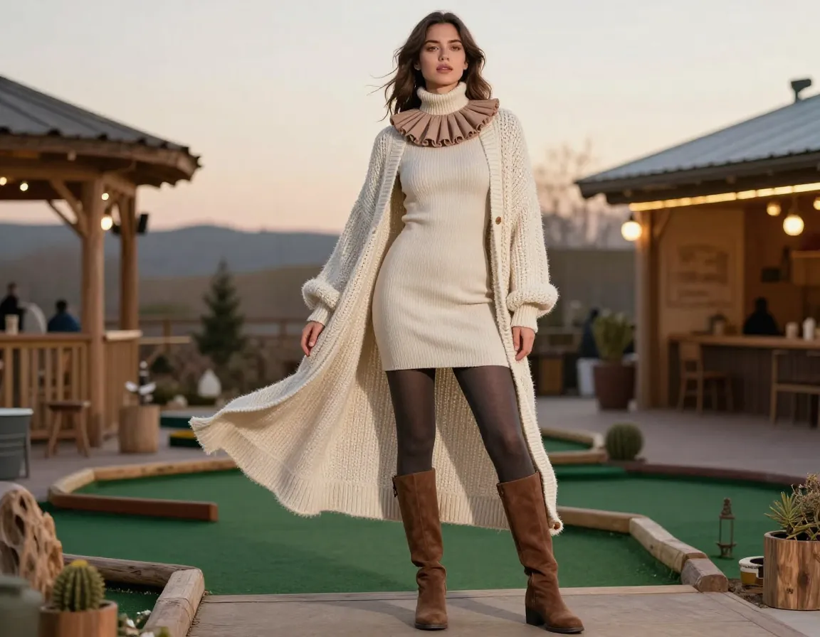 A woman in a boho cardigan dress and boots with a neck ruff