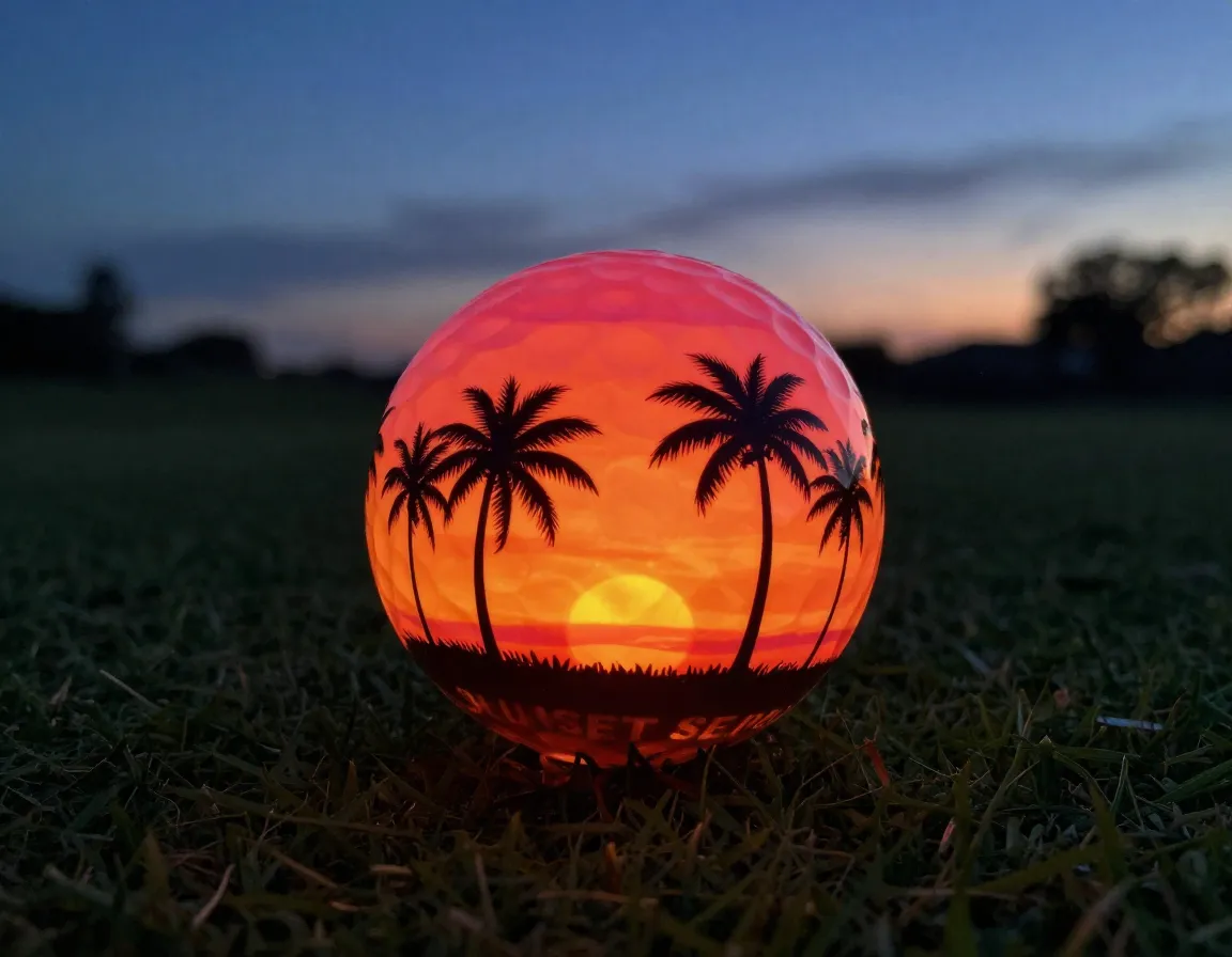 Glowing sunset series golf ball on putting green at dusk