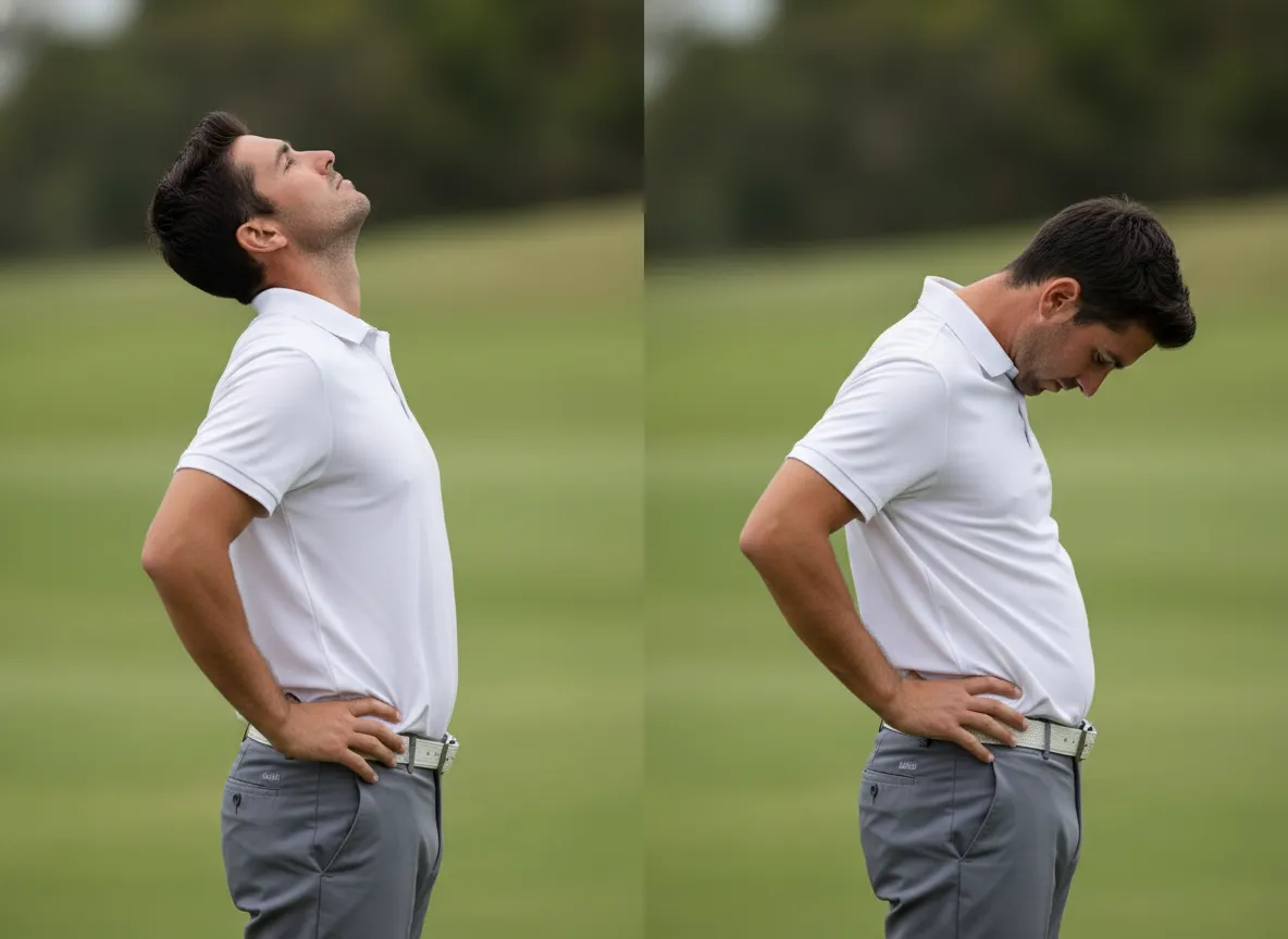 Golfer arching and rounding spine in cat cow stance