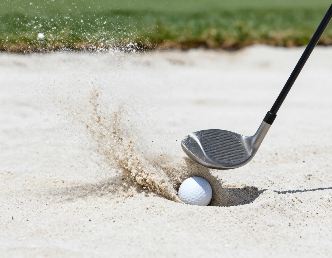 Square clubface blasting into plugged ball in bunker sand