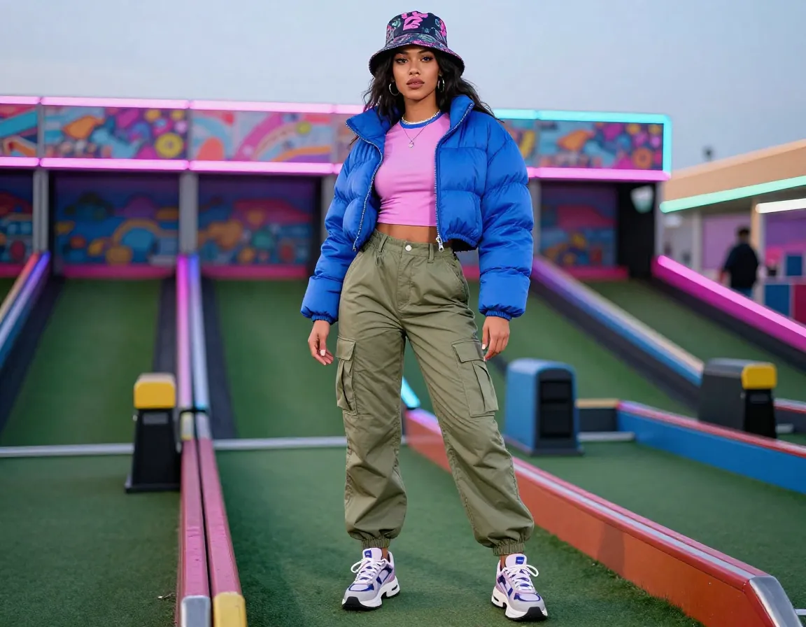 A woman in a cropped puffer jacket and cargo pants for a retro look