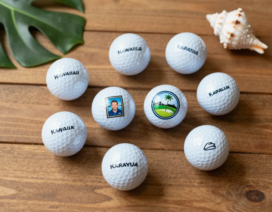 Custom personalized hawaiian golf balls with names logos flat lay