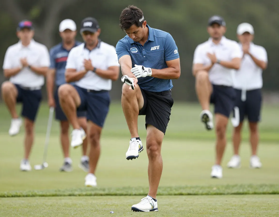 Golfer balancing on one leg bringing knee to elbow
