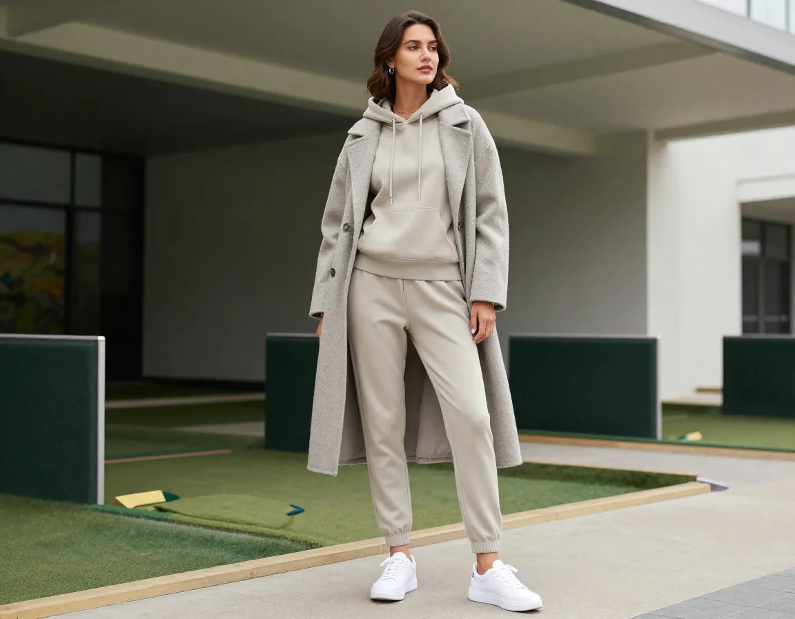 A woman in an elevated casual outfit with a luxe hoodie and wool coat