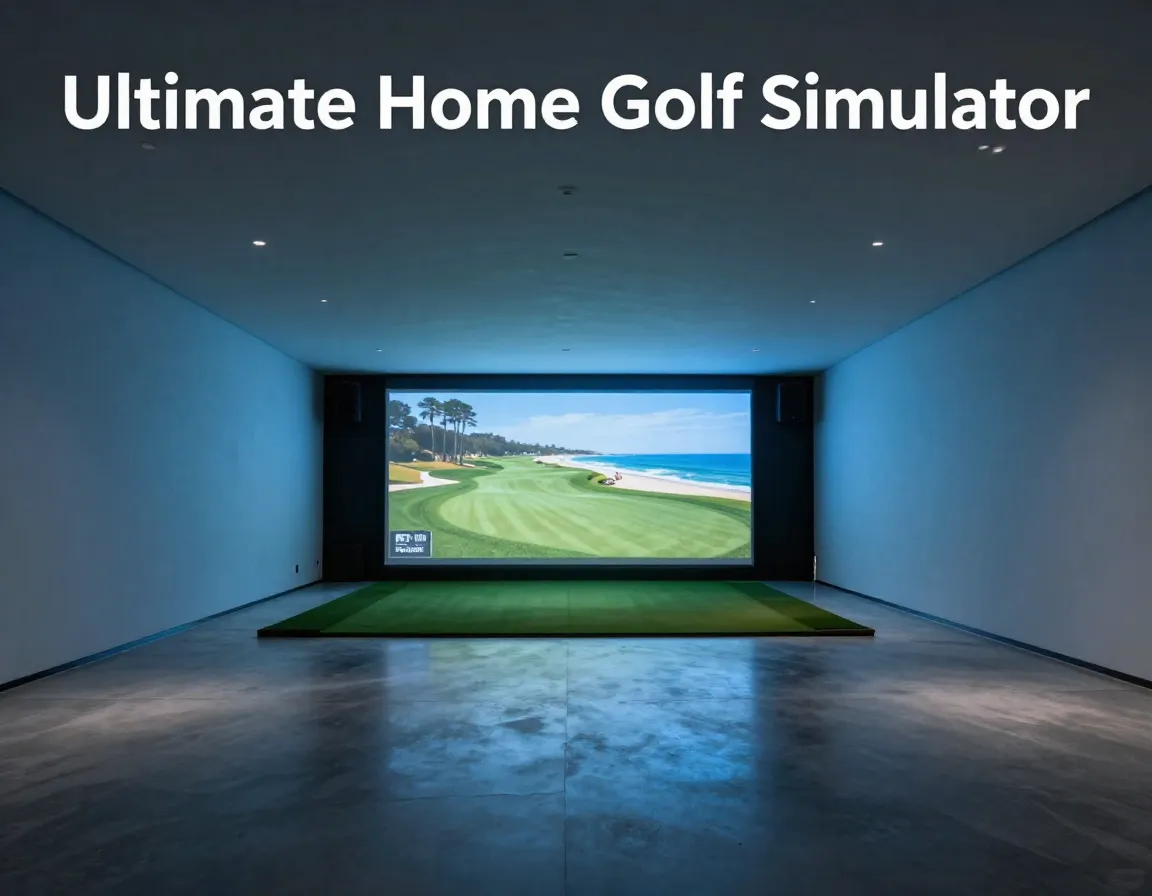 Modern luxury golf simulator room with floor to ceiling screen and minimalist design