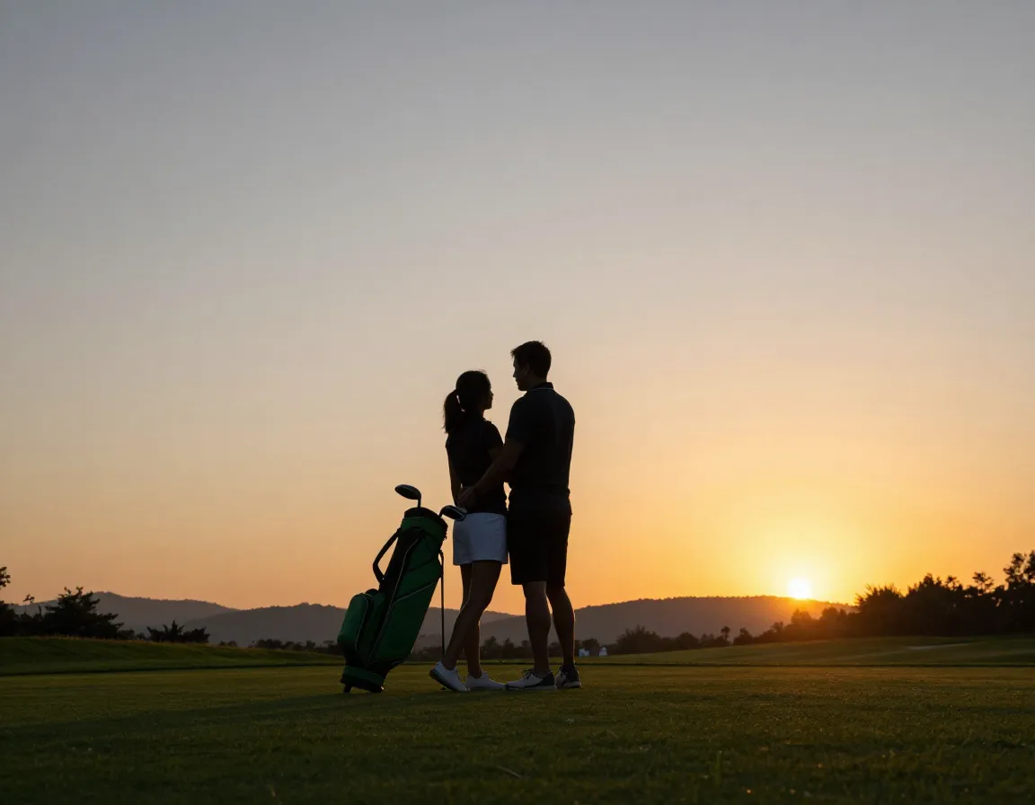 Golden hour silhouette couple on elevated green with golf bags