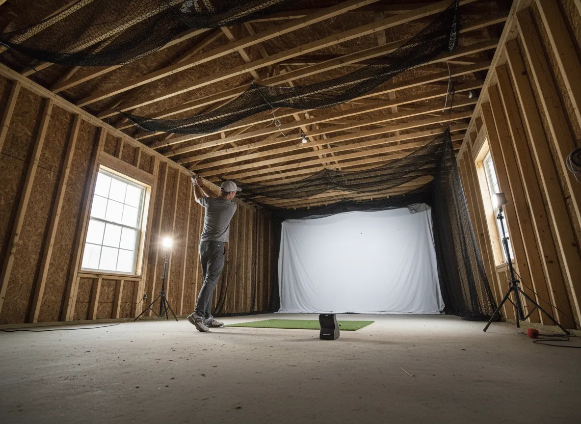 Indoor simulator room showcasing ten foot ceiling height for driver swing