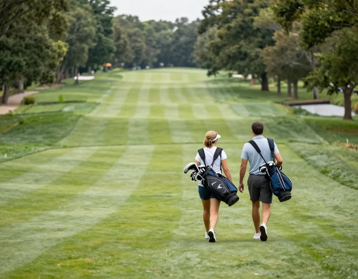 Couple walking hand in hand down a fairway with golf bags