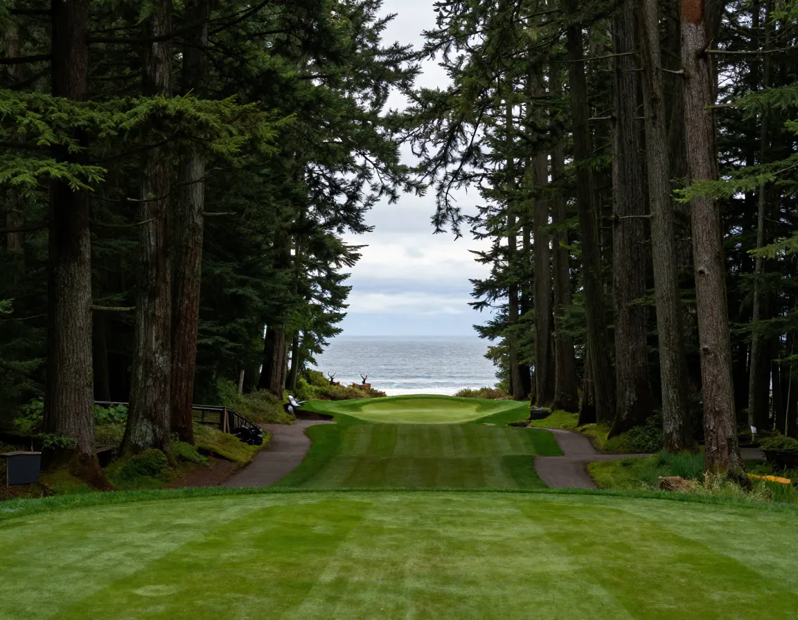 Golf hole through ancient sitka spruce forest leading ocean view