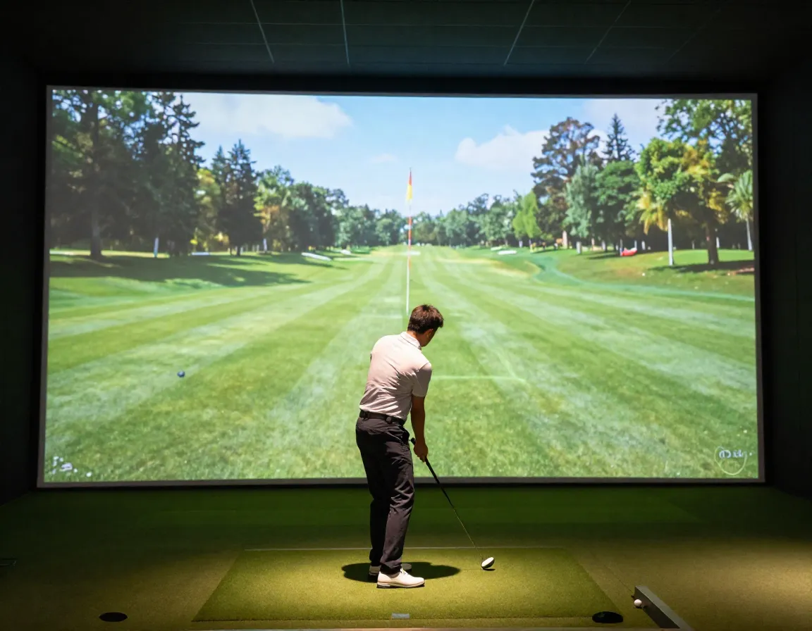 Golfer addressing ball before a massive floor to ceiling impact screen