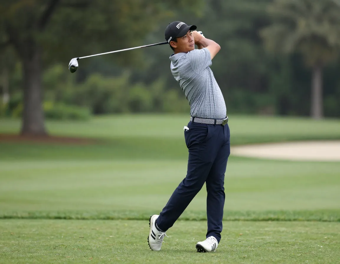 Golfer demonstrating simple takeaway with low clubhead