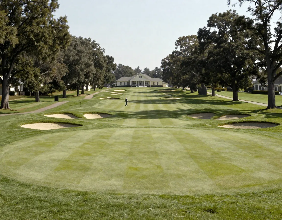 Classic 1920s golf hole strategic bunkers mature tree lined fairway