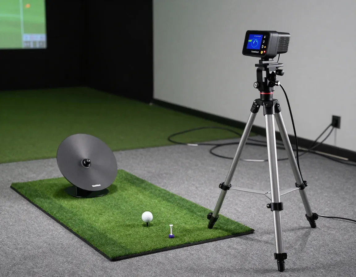 Trackman launch monitor on a tripod beside a golf hitting mat