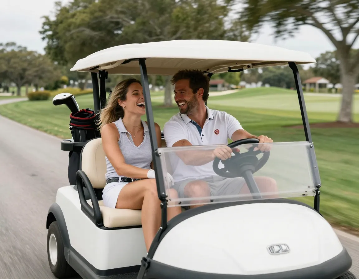 Couple laughing in a golf cart driving down a cart path