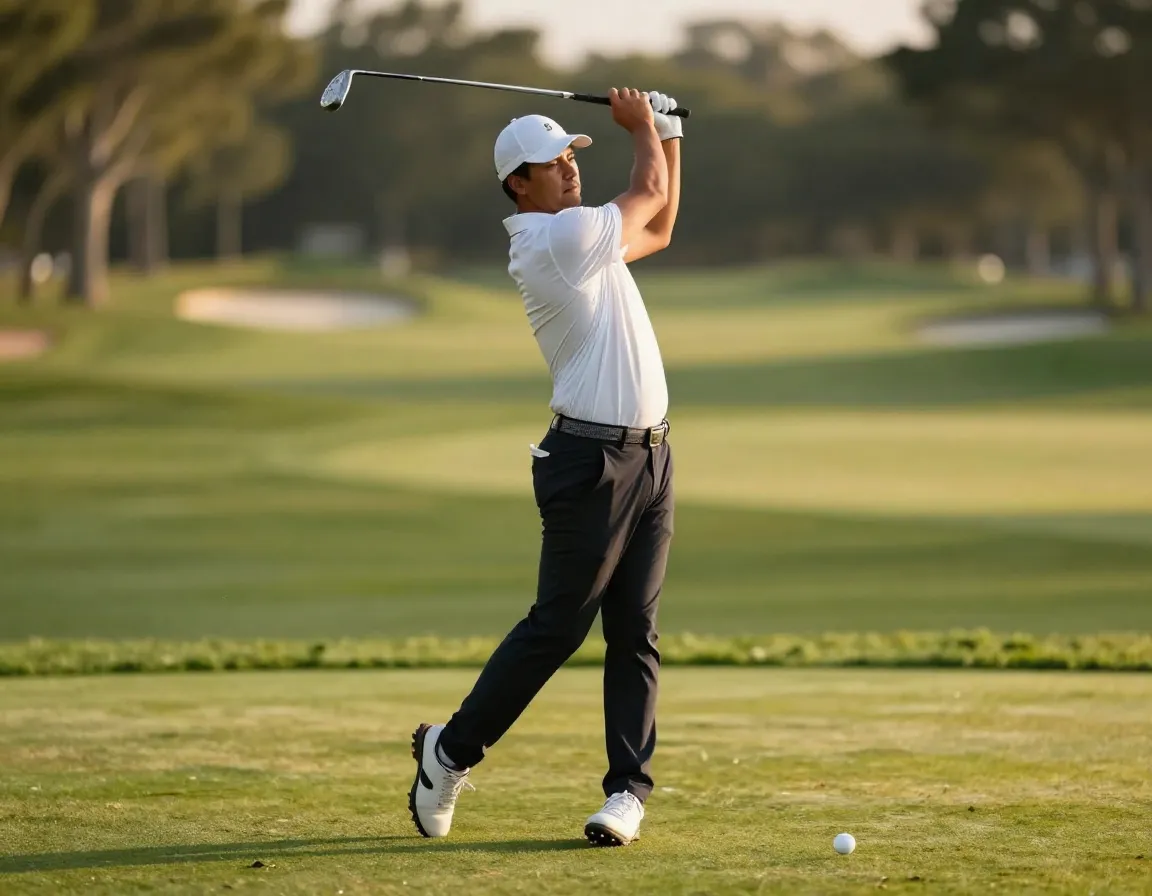 Golfer holding perfectly balanced finish position
