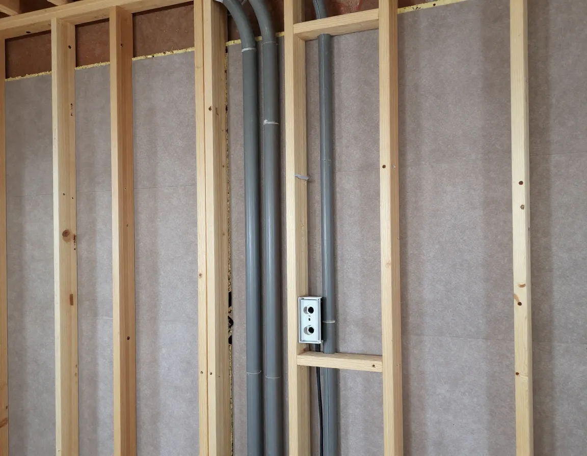 In wall electrical conduit and acoustic panels during room construction