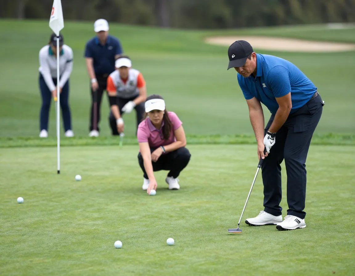 Competitive putting challenge with focused expressions on the green