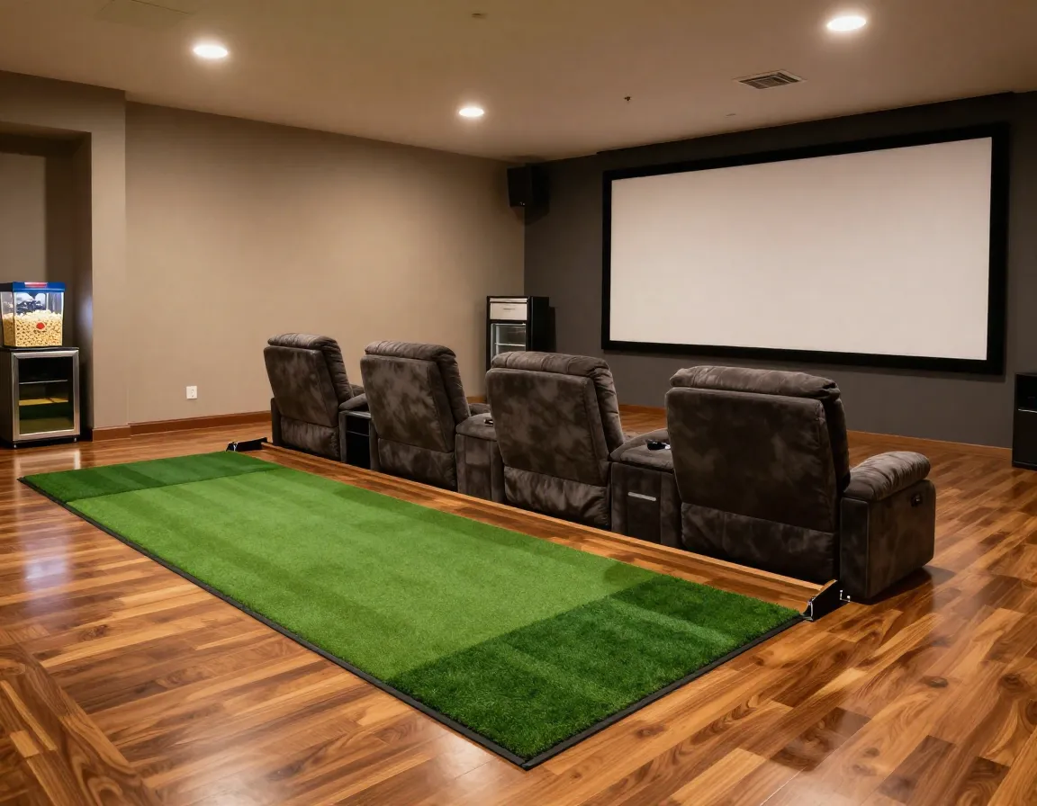 Retractable golf mat and home theater seating in a multifunctional room