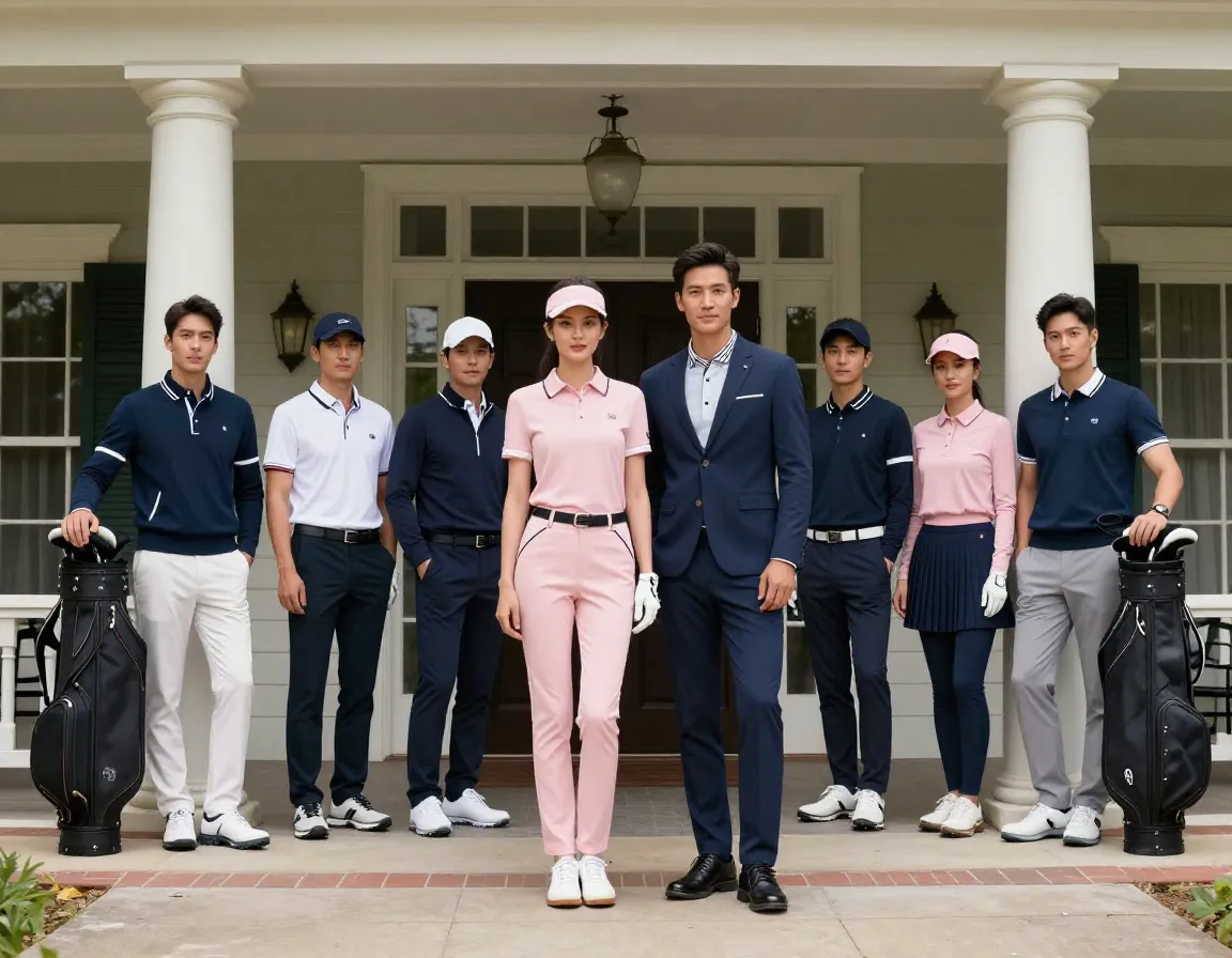 Elegant couple in coordinated attire at a classic clubhouse entrance
