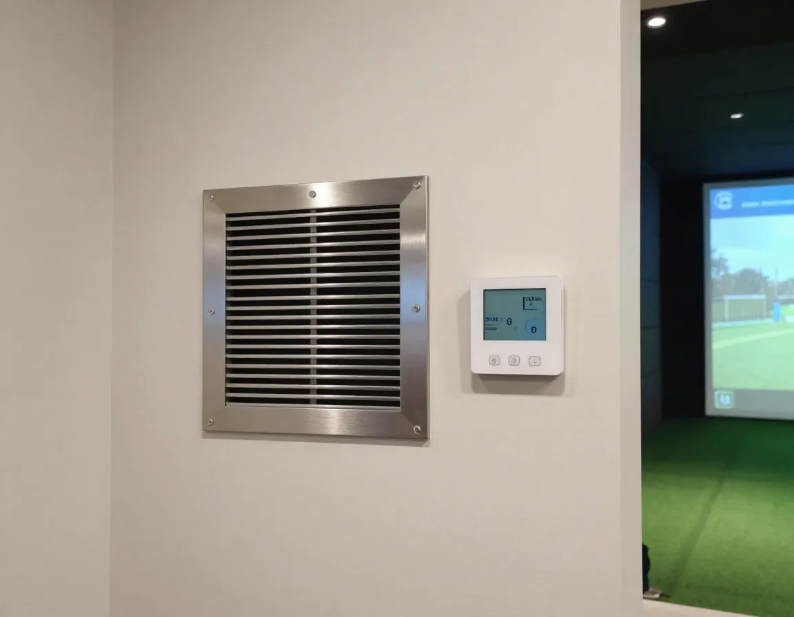 Wall mounted hvac vent and smart thermostat in a finished simulator room