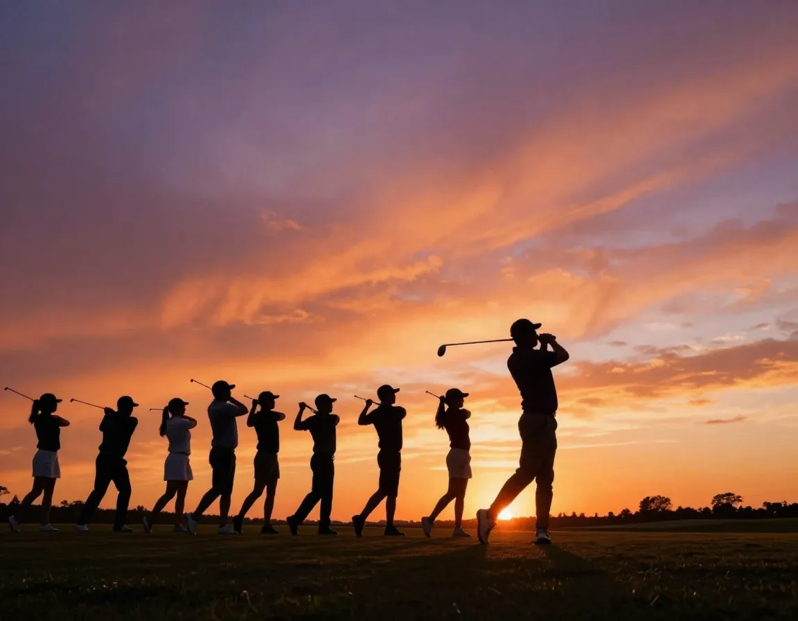 Sunset swing sequence of a golfer against a dramatic colorful sky