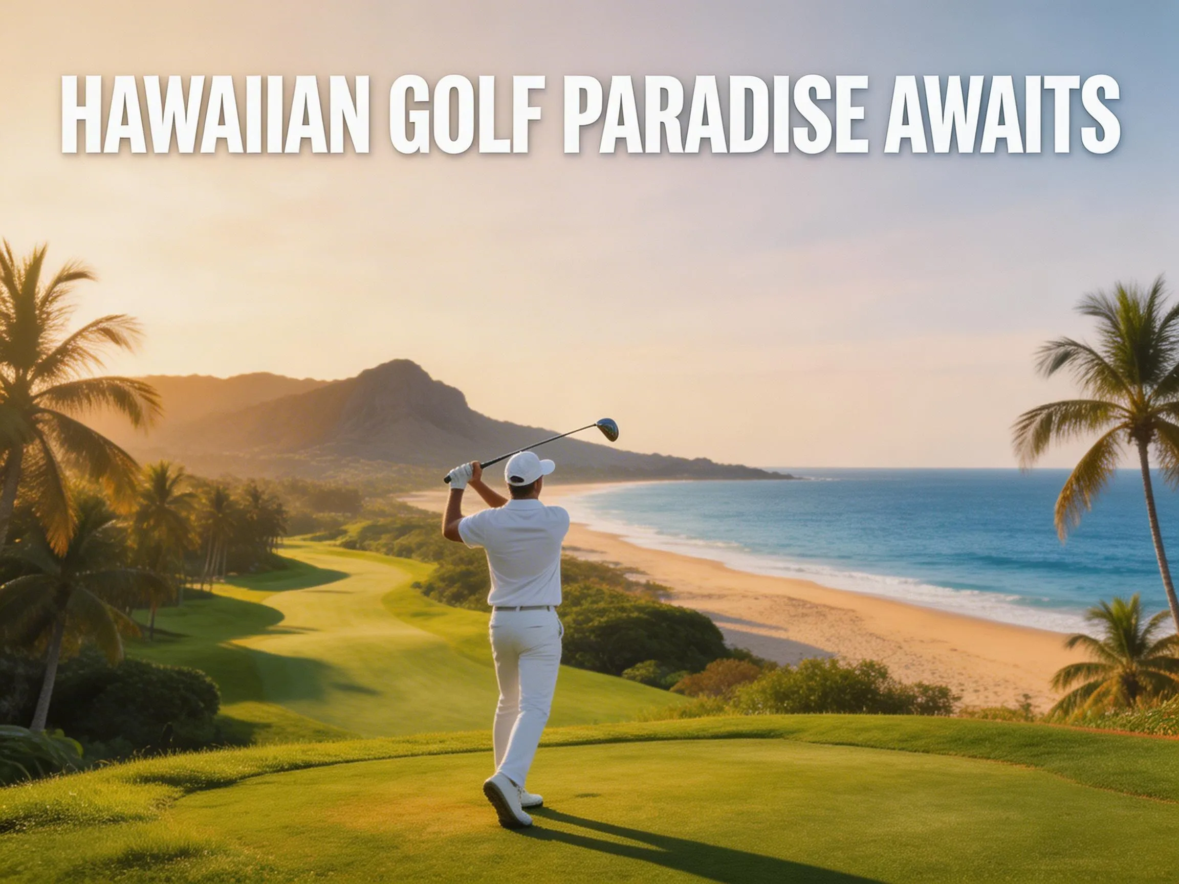 Golfer volcanic mountains pacific ocean sunrise aerial emerald fairway tropical paradise